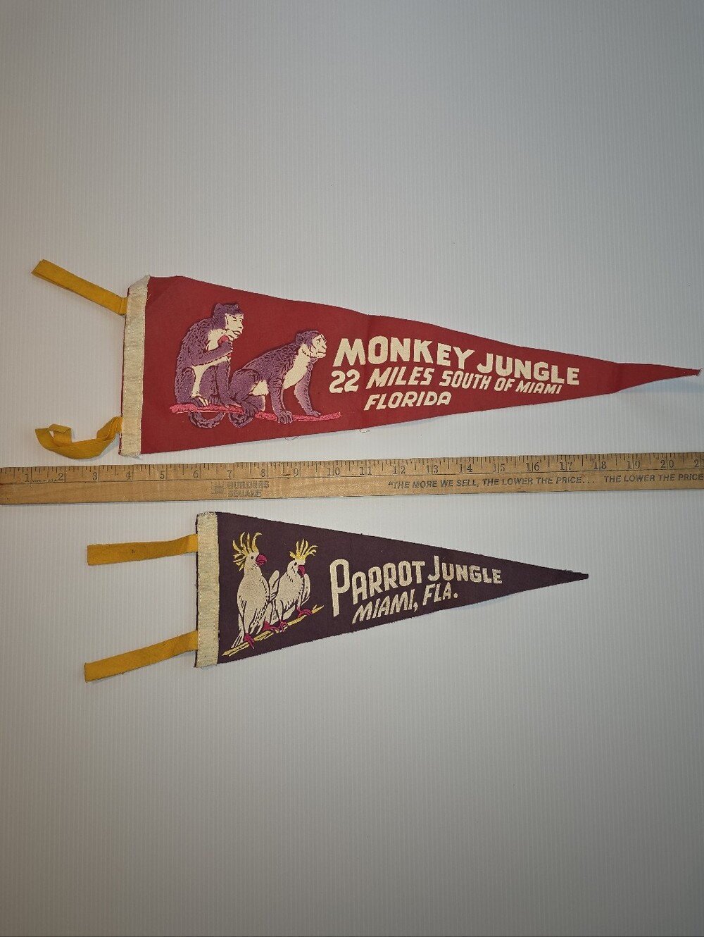 Vintage Monkey Jungle & Parrot Jungle Miami Souvenir Felt Pennants - 40's - 60's